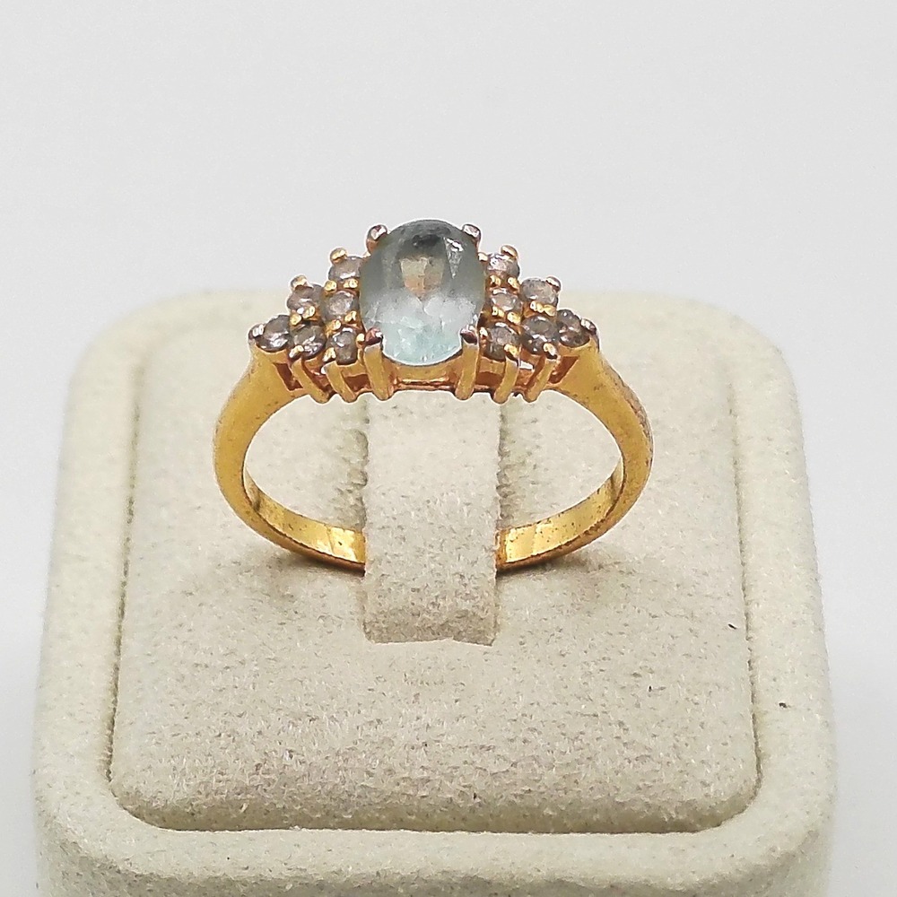 Gold Tone Oval Blue Topaz Cocktail Ring Clear Accents Size 8.75